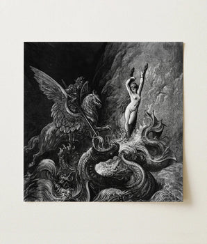 Black-and-white Engraved Print Mythological Scene Winged Creature Serpents Ruggiero Rescuing Angelica, Gustave Dore Art, Angelica’s Chains