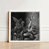 Ruggiero Rescuing Angelica - Gustave Dore Art Print / Canvas Black-and-white Framed Artwork Dramatic Scene Winged Creature Nude, Angelica’s