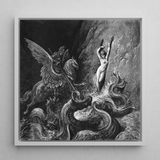 Ruggiero Rescuing Angelica - Gustave Dore Art Print / Canvas Black-and-white Framed Artwork Dramatic Scene Winged Creature Nude, Angelica’s