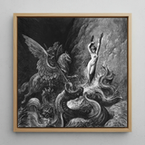 Ruggiero Rescuing Angelica - Gustave Dore Art Print / Canvas Framed Black-and-white Dramatic Mythological Scene Winged Creatures Figures,