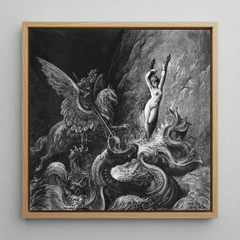 Ruggiero Rescuing Angelica - Gustave Dore Art Print / Canvas Framed Black-and-white Dramatic Mythological Scene Winged Creatures Figures,