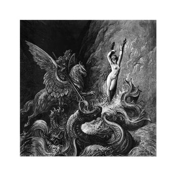 Ruggiero Rescuing Angelica - Gustave Dore Art Print, Detailed Black White Perseus Andromeda Cetus