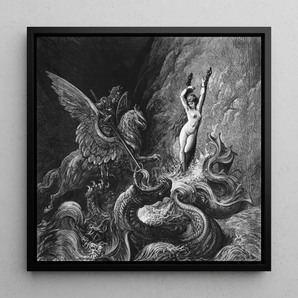 Ruggiero Rescuing Angelica - Gustave Dore Framed Canvas, 12x12’’ / 31x31cm / Black Floating Frame, Framed Black White Print Mythological