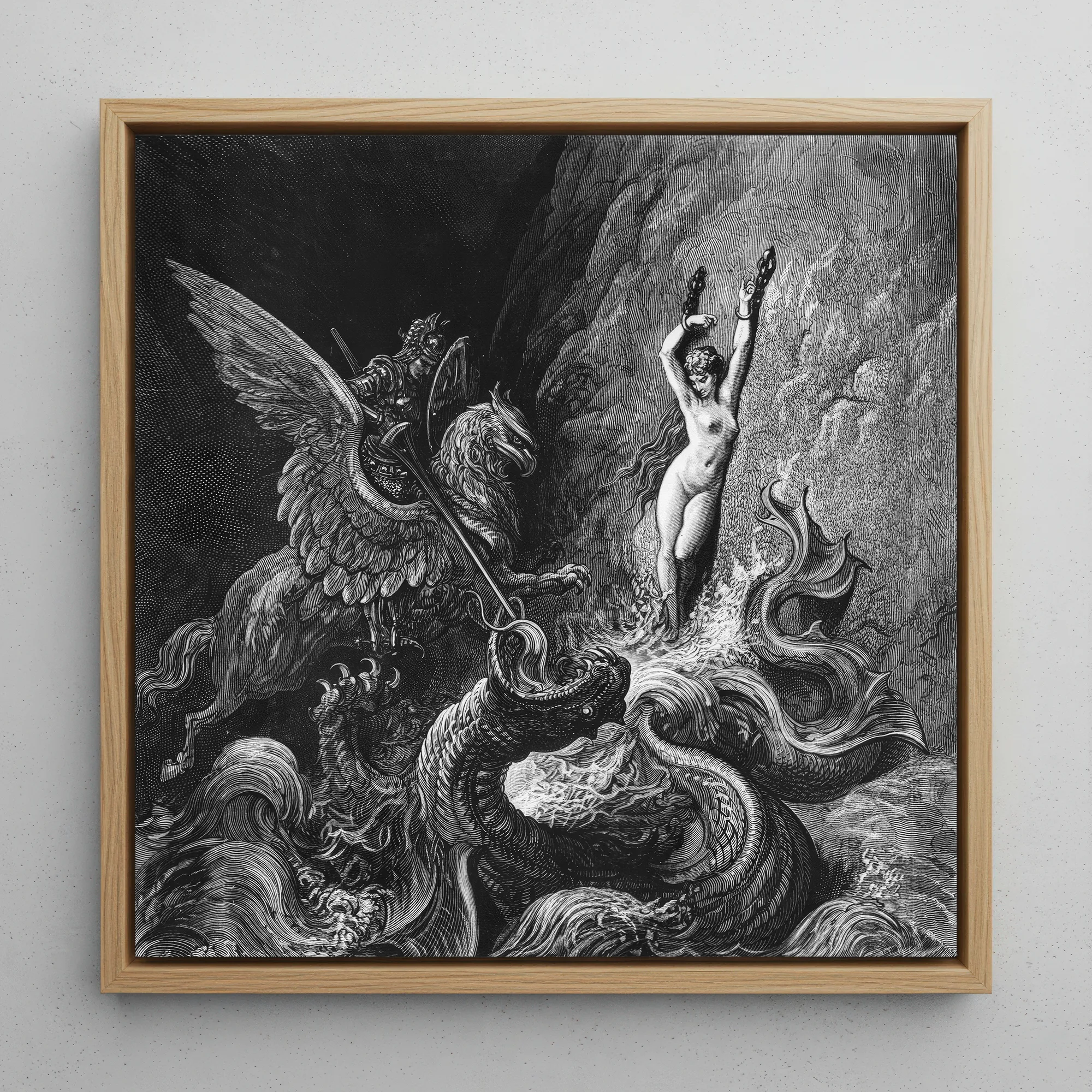 Ruggiero Rescuing Angelica - Gustave Dore Framed Canvas, 12x12’’ / 31x31cm / Natural Floating Frame, Framed Black White Print Mythological