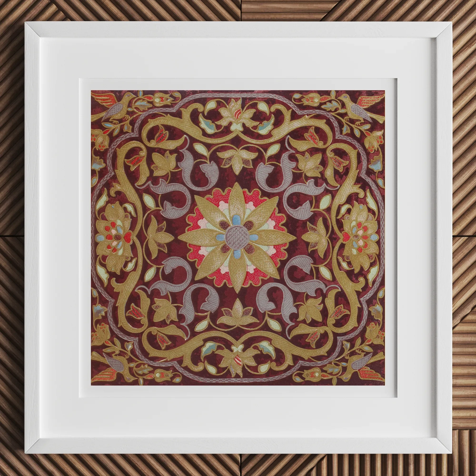 Russian Embroidery - Matthew Digby Wyatt Art Print, 12x12’’ / 31x31cm / White Frame, Framed Ornate Square Tapestry Central Floral Medallion