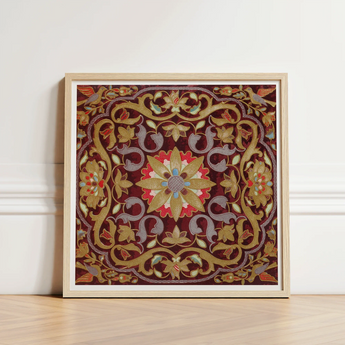 Square-framed Embroidered Artwork Rich Burgundy Background Intricate Gold Matthew Digby Wyatt, Russian Embroidery Art, Tsarist Splendor