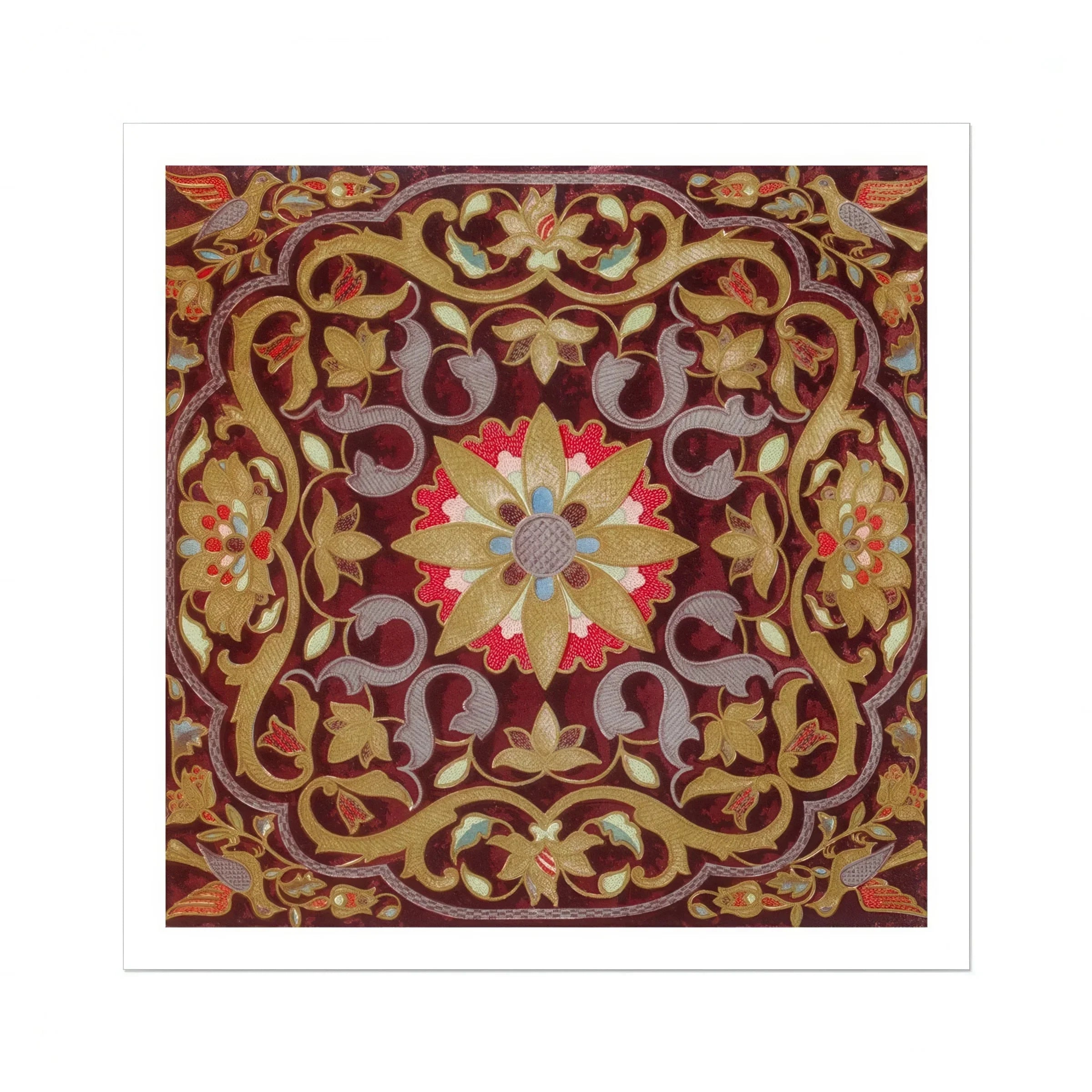 Russian Embroidery Matthew Digby Wyatt Art Print, Ornate Floral Medallion Pattern Golden Scrollwork Burgundy Background