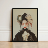 Black-framed Portrait Woman Gothic Attire Ornate Surreal Headpieces Lesbian Dragon Queen, Ethereal Force Wrapped, Art