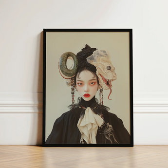 Black-framed Portrait Woman Gothic Attire Ornate Surreal Headpieces Lesbian Dragon Queen, Ethereal Force Wrapped, Art