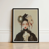 Black-framed Portrait Stylized Woman Ornate Surreal Headpieces Green-sequined Lesbian Dragon Queen, Ethereal Force Wrapped, Art