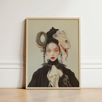 Framed Portrait Woman Elaborate Surreal Headwear Green Donut Lesbian Dragon Queen, Ethereal Force Wrapped, Art