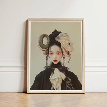 Framed Portrait Woman Dark Attire Ornate Surreal Headpieces Lesbian Dragon Queen, Ethereal Force Wrapped, Art