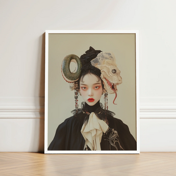 Framed Portrait Woman Dark Attire Ornate Surreal Headpieces Lesbian Dragon Queen, Ethereal Force Wrapped, Art