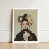Framed Portrait Woman Dark Attire Ornate Surreal Headpieces Lesbian Dragon Queen, Ethereal Force Wrapped, Art