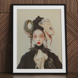 Ryoko - Lesbian Dragon Queen Art Print / Canvas Black Framed Portrait Woman Snake Headpiece Ruffled Collar Lesbian Dragon Queen, Ethereal