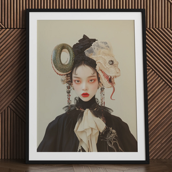 Ryoko - Lesbian Dragon Queen Art Print / Canvas Black Framed Portrait Woman Snake Headpiece Ruffled Collar Lesbian Dragon Queen, Ethereal