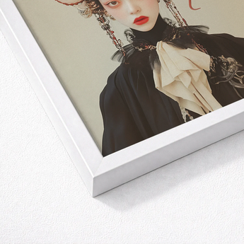 White Framed Portrait Woman Black Attire Cream-colored Ruffles Lesbian Dragon Queen, Ethereal Force Wrapped, Art