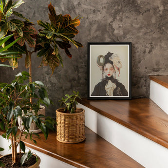 Ryoko - Lesbian Dragon Queen Art Print, Framed Artwork Stylized Portrait Cat Atop Subject’s Head