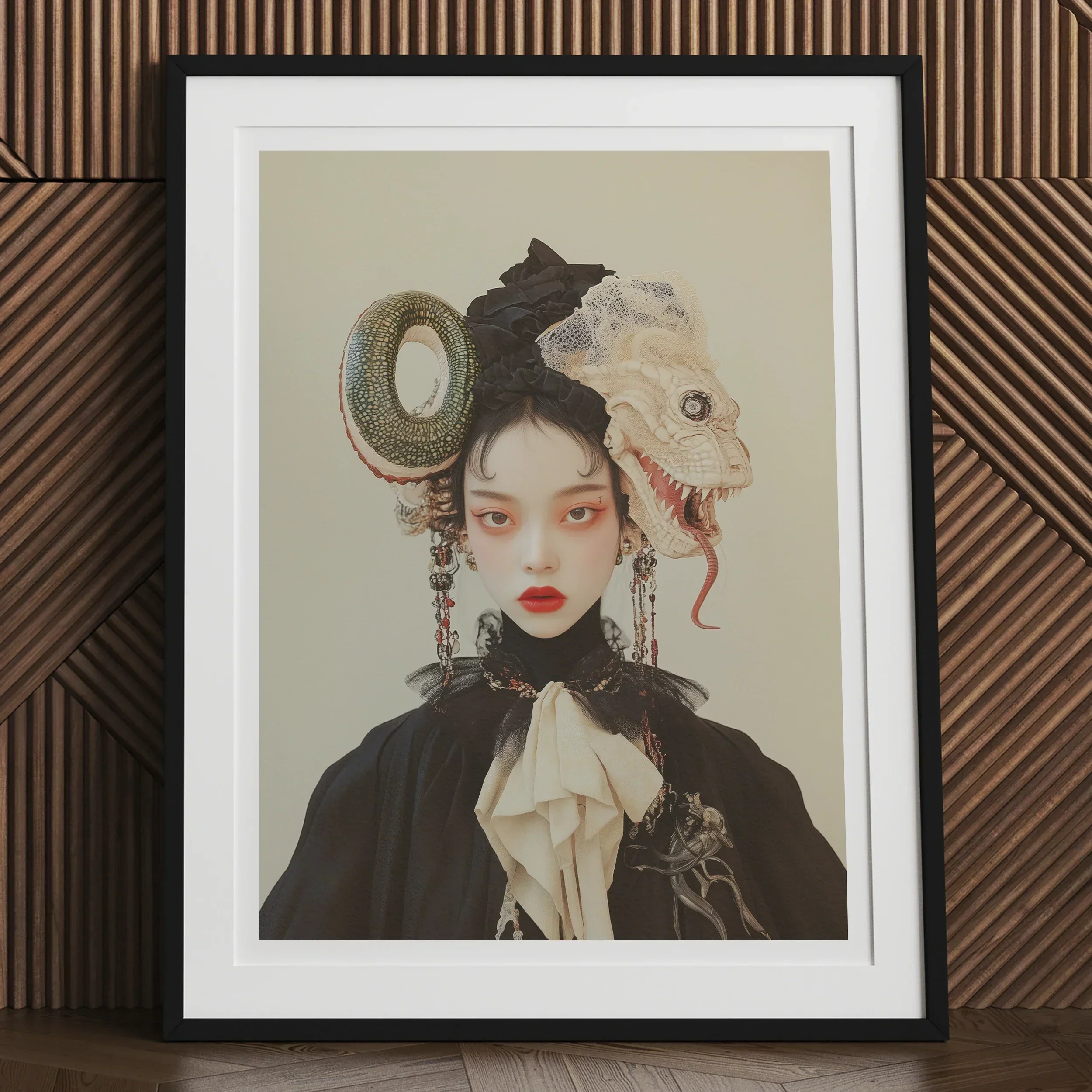 Ryoko - Lesbian Dragon Queen Art Print, Framed Portrait Woman Elaborate Headdress Animal Figures