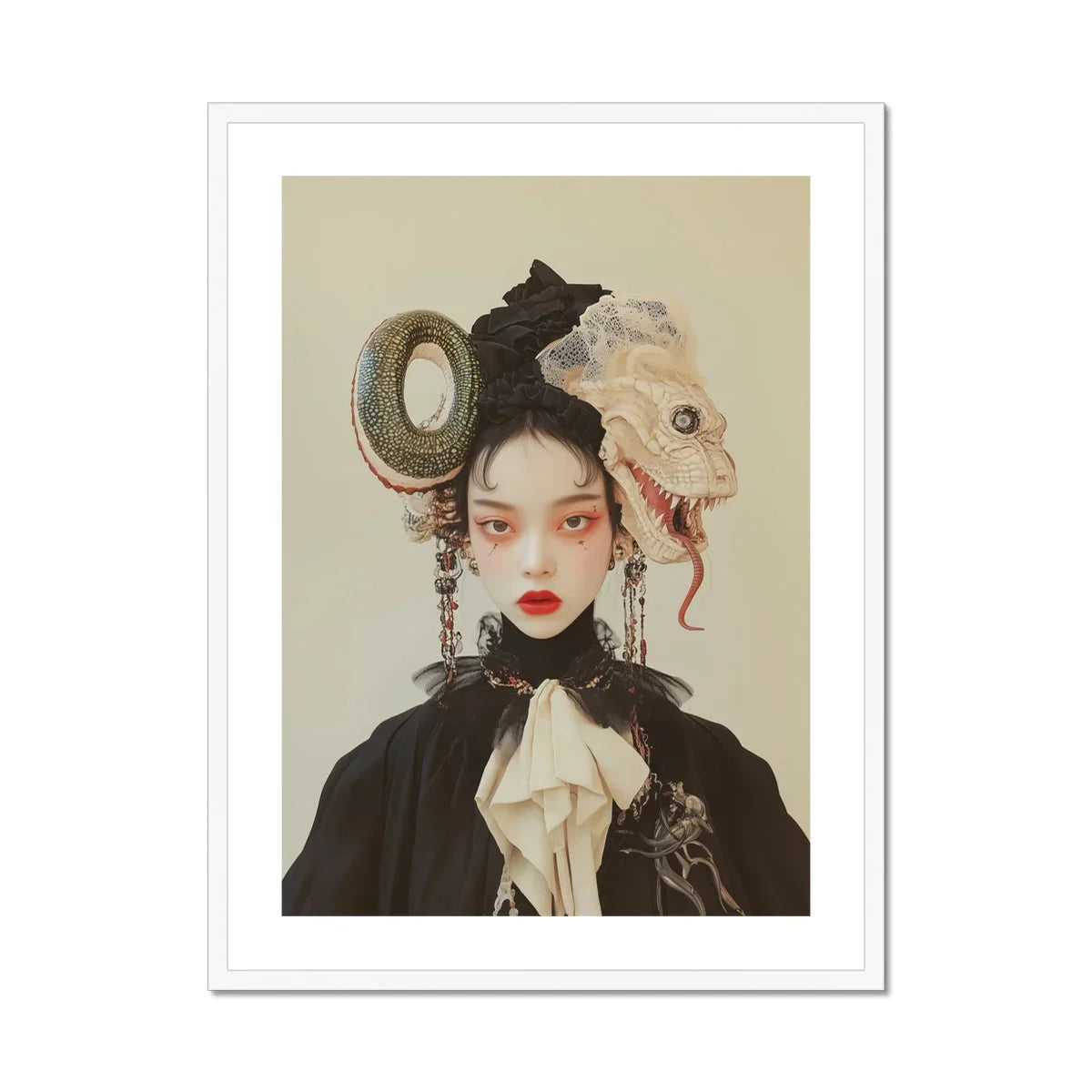 Ryoko - Lesbian Dragon Queen Art Print, Gothic-style Portrait Elaborate Victorian-inspired Fashion Ornate Hair Accessories