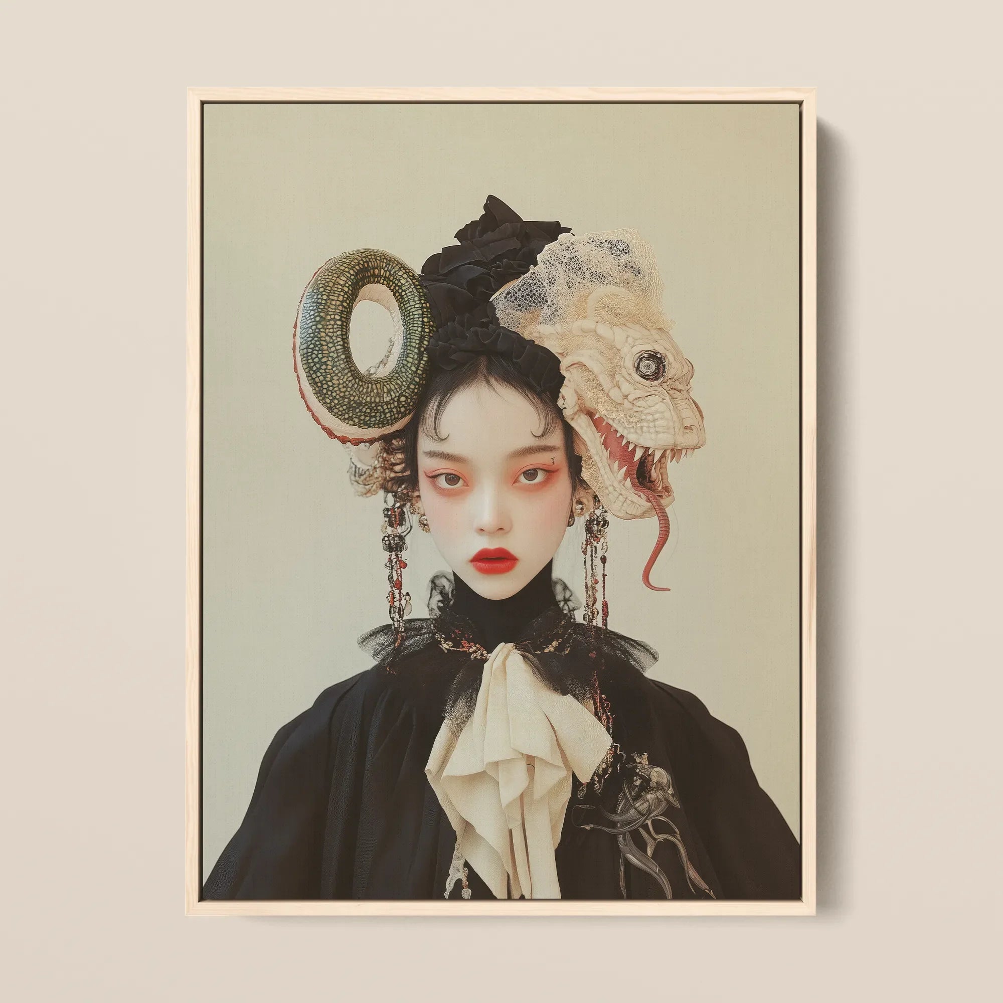 Ryoko - Lesbian Dragon Queen Framed Canvas, 12x16’’ / 31x41cm / Natural Floating Frame, Framed Painting Woman Dramatic Makeup Elaborate