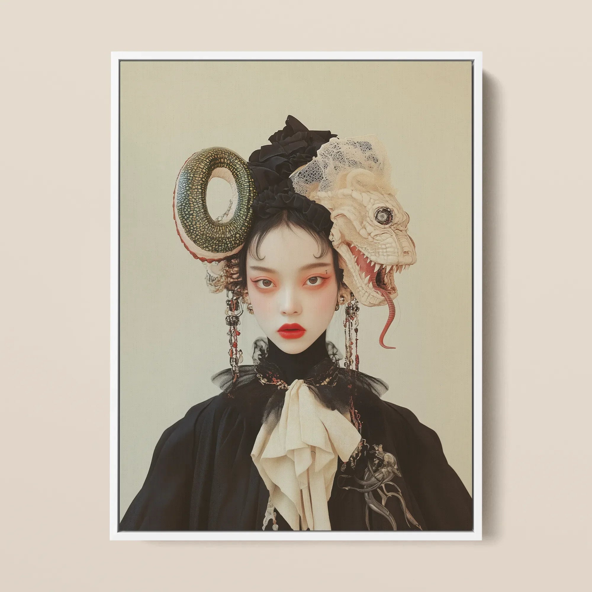 Ryoko - Lesbian Dragon Queen Framed Canvas, 12x16’’ / 31x41cm / White Floating Frame, Framed Portrait Woman Elaborate Dark Reptilian-themed