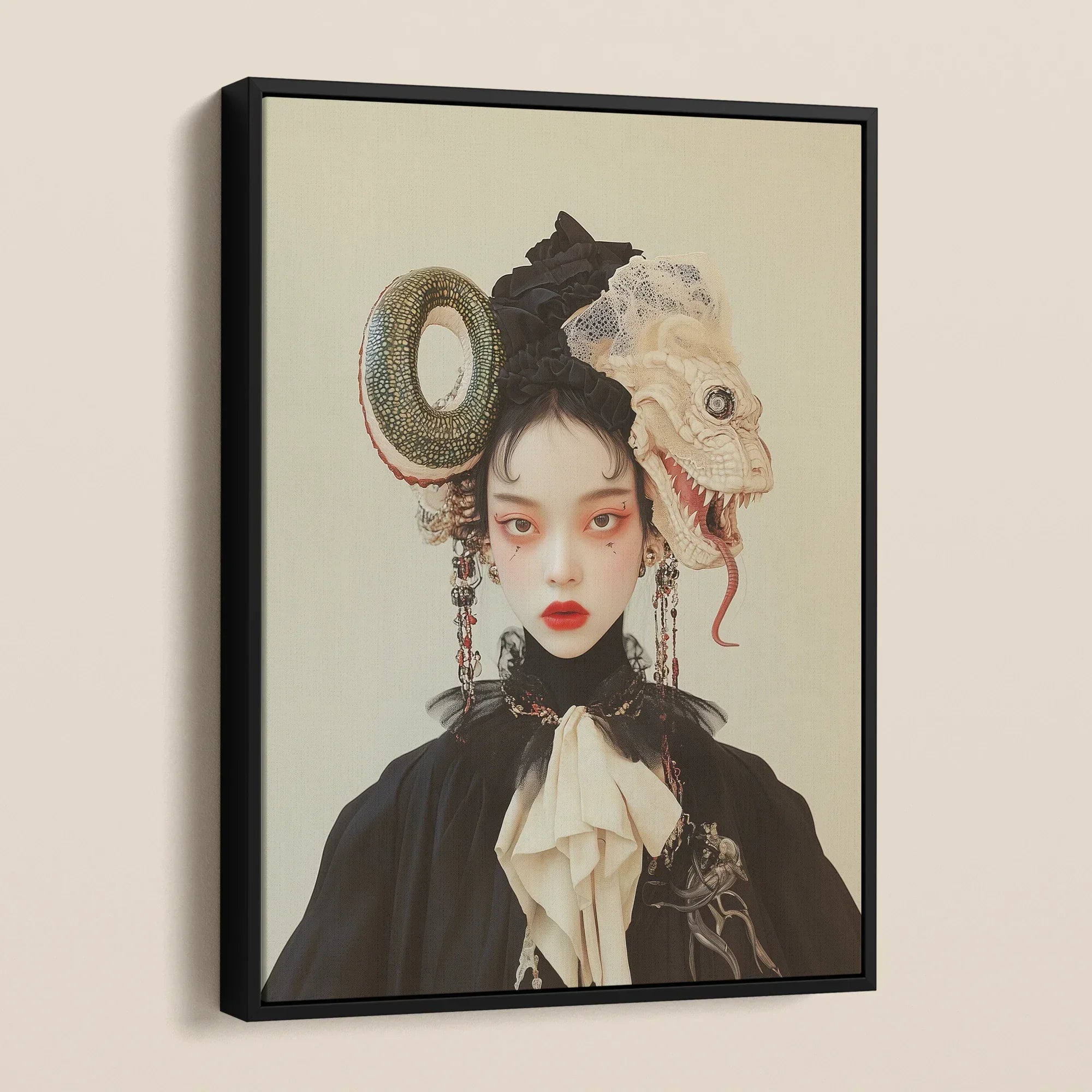 Ryoko - Lesbian Dragon Queen Framed Canvas, Framed Portrait Woman Fantastical Headdress