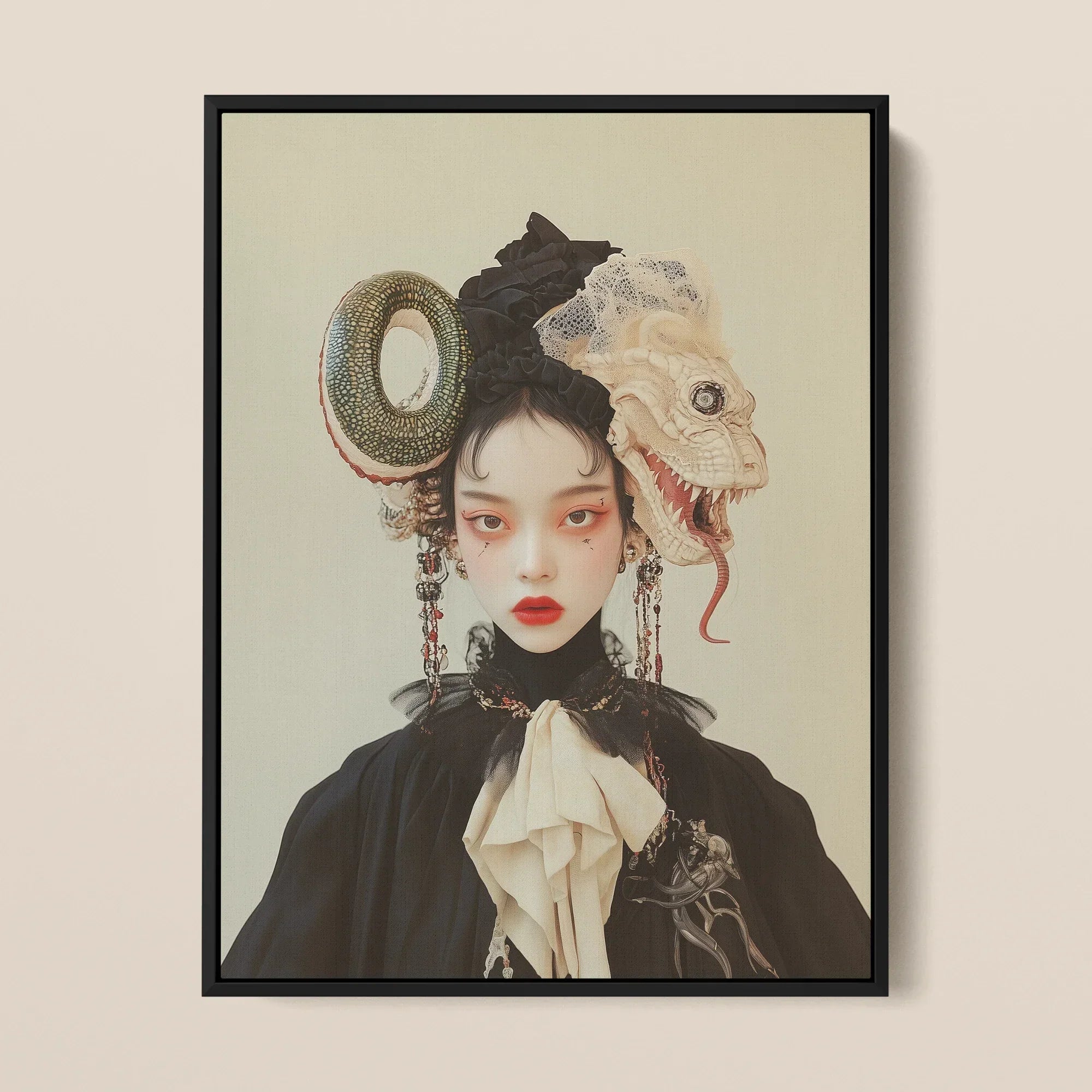Ryoko - Lesbian Dragon Queen Framed Canvas, Framed Portrait Woman Fantastical Headwear