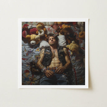 Sacked - Lowbrow Homoerotic Gay Biker Art Print / Canvas Framed Photograph Man Tattoos Among Stuffed Animals Quilted, Prints