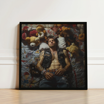 Black-framed Art Print Man Leather Vest Surrounded Stuffed Gay Biker Homoerotic