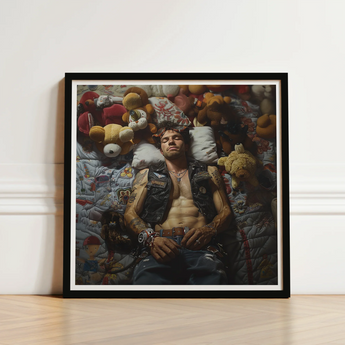Black-framed Art Print Man Leather Vest Surrounded Stuffed Gay Biker Homoerotic