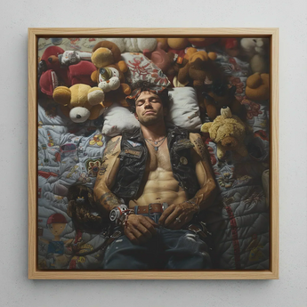 Sacked - Lowbrow Homoerotic Gay Biker Art Print / Canvas Framed Painting Man Tattoos Among Stuffed Animals Rendered Gay Biker Homoerotic,