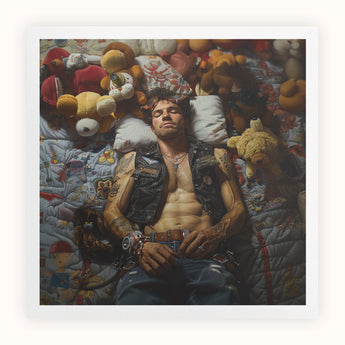 Sacked - Lowbrow Homoerotic Gay Biker Art Print / Canvas Shirtless Man Leather Vest Among Stuffed Animals Toys Gay Biker Homoerotic,