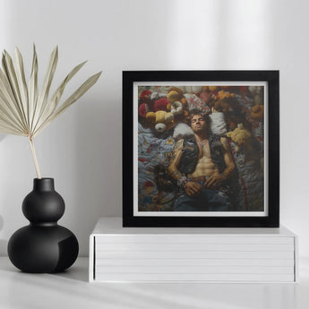 Sacked - Lowbrow Homoerotic Gay Biker Art Print, Framed Photograph Shirtless Person Surrounded Stuffed Animals Toys