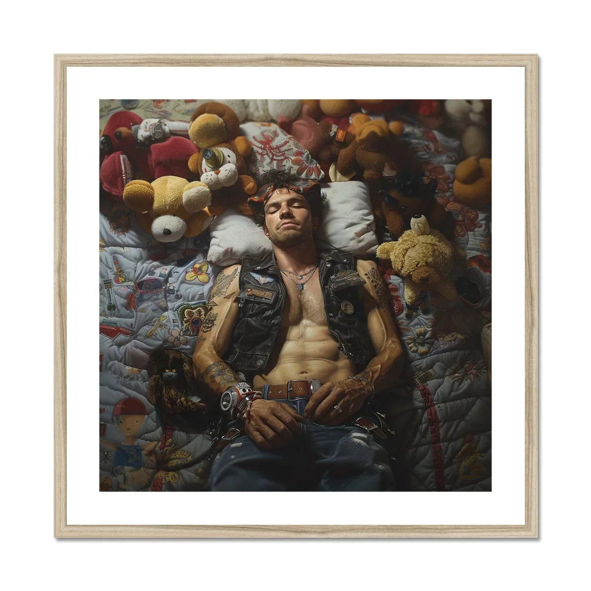 Sacked - Lowbrow Homoerotic Gay Biker Art Print, Person Leather Vest Lies Surrounded Stuffed Animals Plush