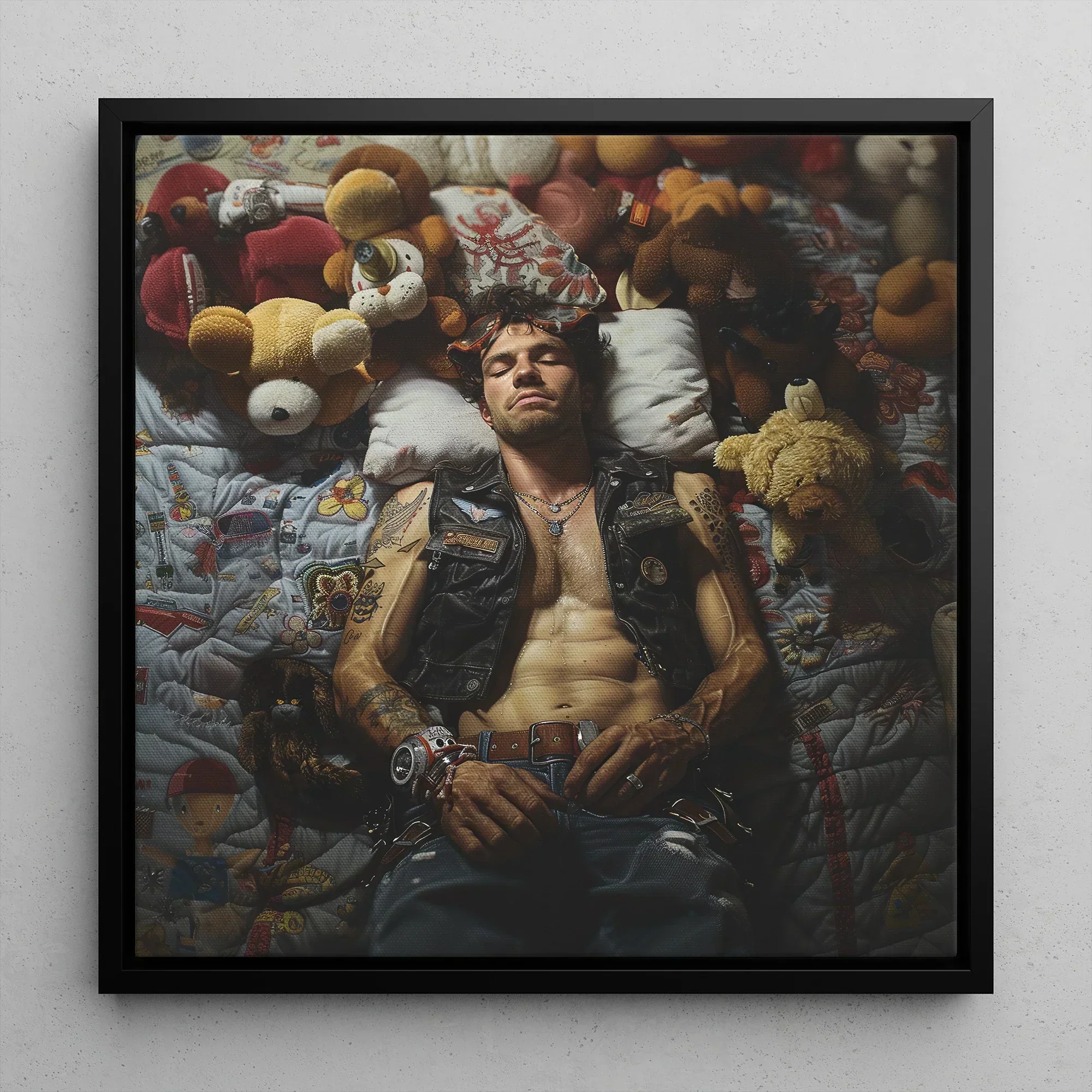 Sacked Lowbrow Homoerotic Gay Biker Framed Canvas, 12x12’’ / 31x31cm / Black Floating Frame, Framed Portrait Tattooed Man Surrounded