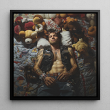 Sacked - Lowbrow Homoerotic Gay Biker Framed Canvas, 12x12’’ / 31x31cm / Black Floating Frame, Framed Portrait Tattooed Man Surrounded