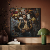 Sacked - Lowbrow Homoerotic Gay Biker Framed Canvas, Framed Art Shirtless Man Surrounded Stuffed Animals