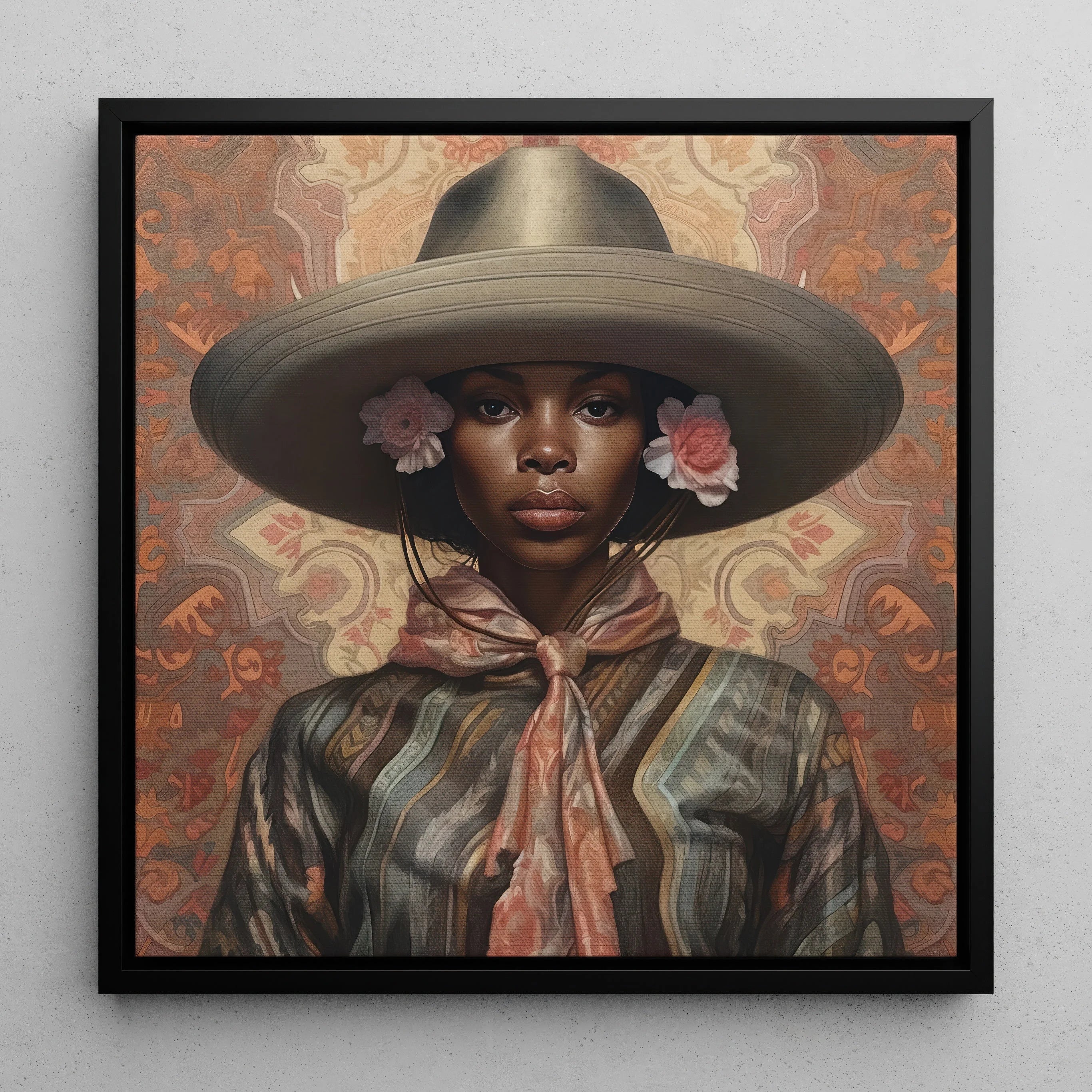 Sadie - Black Lesbian Cowgirl Art Framed Canvas, 12x12’’ / 31x31cm / Floating Frame, Portrait Woman Wide-brimmed Hat Adorned Flowers
