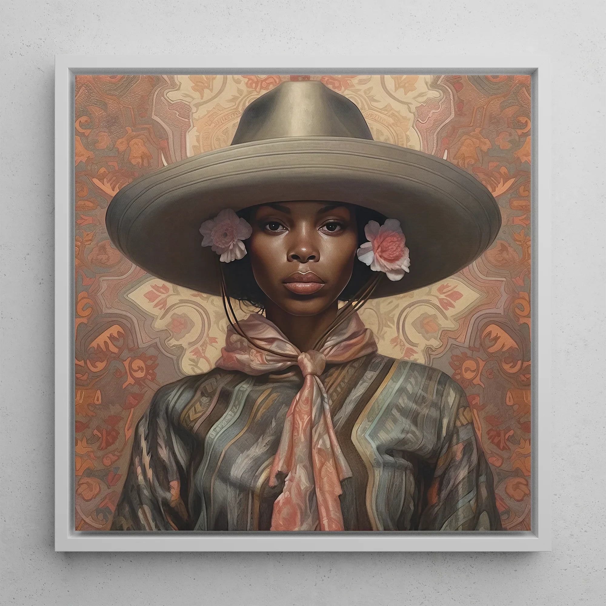 Sadie - Black Lesbian Cowgirl Art Framed Canvas, 12x12’’ / 31x31cm / White Floating Frame, Framed Portrait Woman Hat