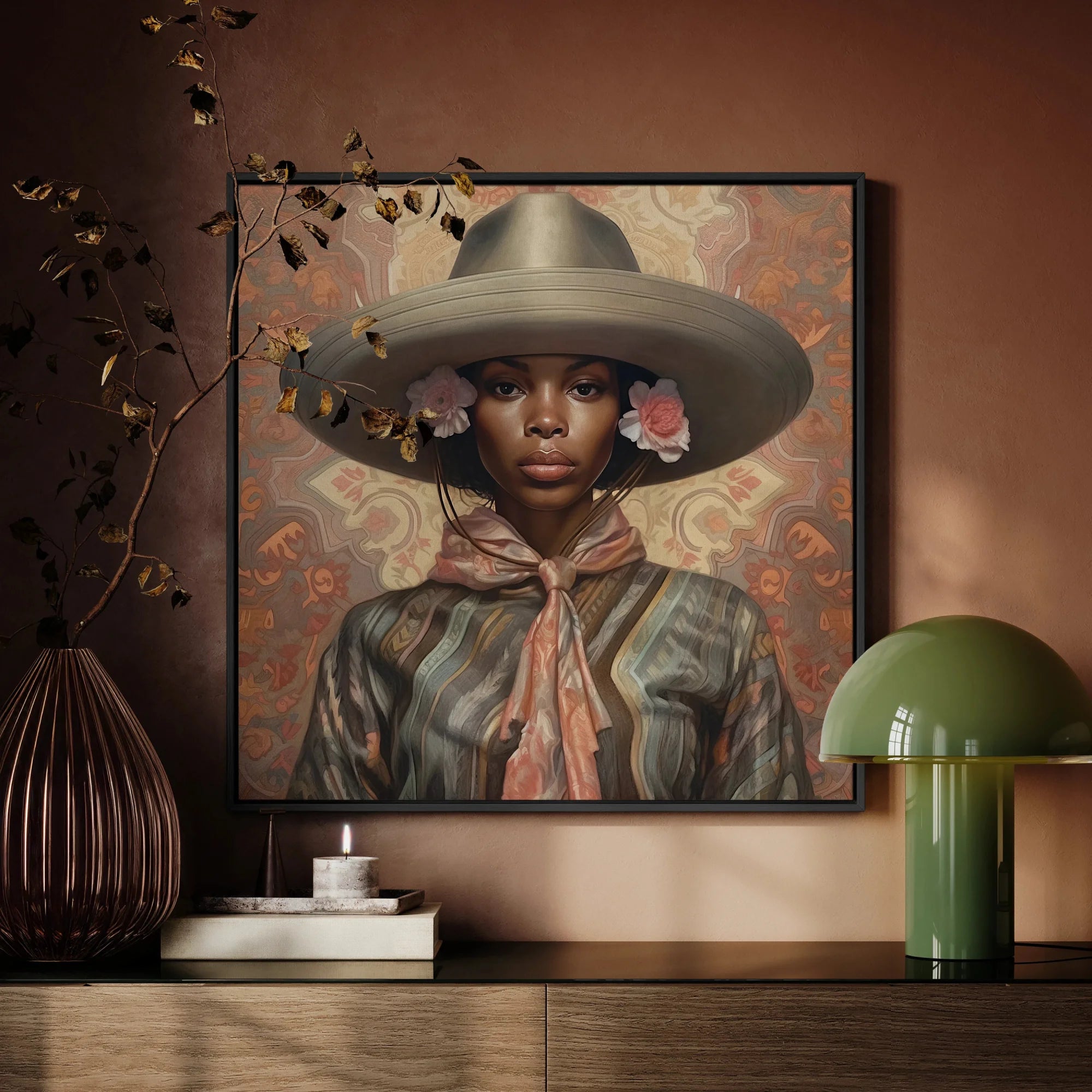 Sadie - Black Lesbian Cowgirl Art Framed Canvas, Portrait Person Wide-brimmed Hat Floral-accented Clothing Warm-toned Background