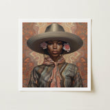 Sadie - Lesbian Black Cowgirl Art Print / Canvas Square-framed Artwork Woman Wide-brimmed Gray Hat Adorned Pink Elegant Outlaw Reminding,