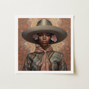 Sadie - Lesbian Black Cowgirl Art Print / Canvas Square-framed Artwork Woman Wide-brimmed Gray Hat Adorned Pink Elegant Outlaw Reminding,