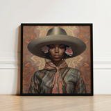 Framed Portrait Woman Olive-green Wide-brimmed Hat Adorned Pink Elegant Outlaw Reminding, Cowgirl Spirit’s Queer, Lesbian Black