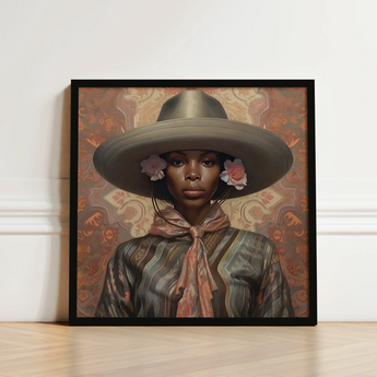 Framed Portrait Woman Olive-green Wide-brimmed Hat Adorned Pink Elegant Outlaw Reminding, Cowgirl Spirit’s Queer, Lesbian Black