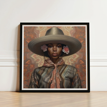 Framed Portrait Woman Olive-green Wide-brimmed Hat Adorned Pink Elegant Outlaw Reminding, Cowgirl Spirit’s Queer, Lesbian Black