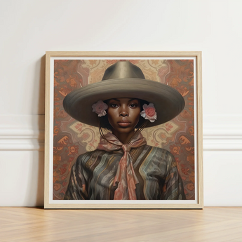 Framed Portrait Woman Olive-green Wide-brimmed Hat Adorned Pink Elegant Outlaw Reminding, Cowgirl Spirit’s Queer, Lesbian Black