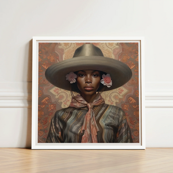 Framed Portrait Woman Olive-green Wide-brimmed Hat Adorned Pink Elegant Outlaw Reminding, Cowgirl Spirit’s Queer, Lesbian Black