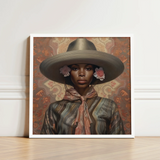 Framed Portrait Woman Olive-green Wide-brimmed Hat Adorned Pink Elegant Outlaw Reminding, Cowgirl Spirit’s Queer, Lesbian Black