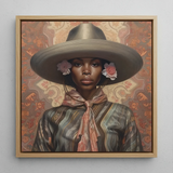 Sadie - Lesbian Black Cowgirl Art Print / Canvas Framed Portrait Woman Wide-brimmed Gray Hat Adorned Pink Elegant Outlaw Reminding, Cowgirl